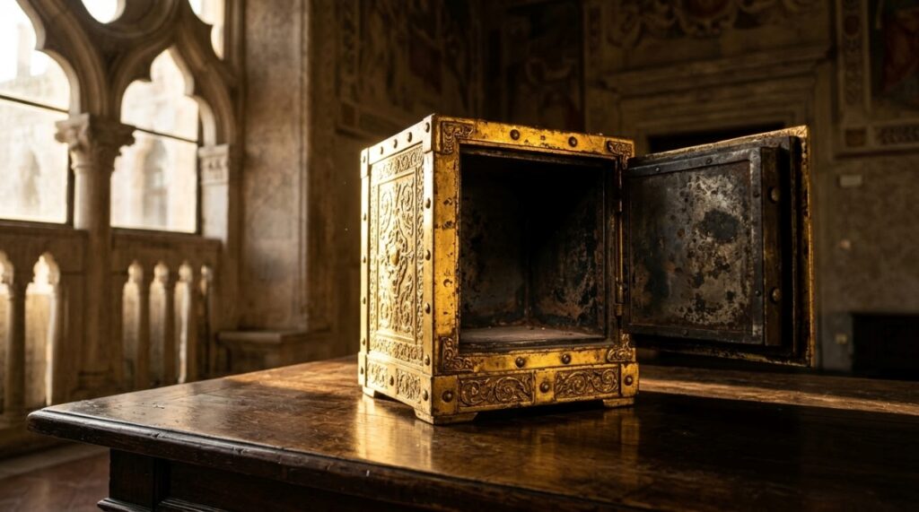 Cofre de ouro luxuoso aberto sobre uma mesa de madeira, com interior vazio e desgastado, em um ambiente renascentista veneziano. - Imagem ilustrativa criada por inteligência artificial
