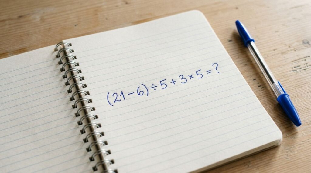 A maioria começa pela parte errada: (21 – 6) ÷ 5 + 3 × 5