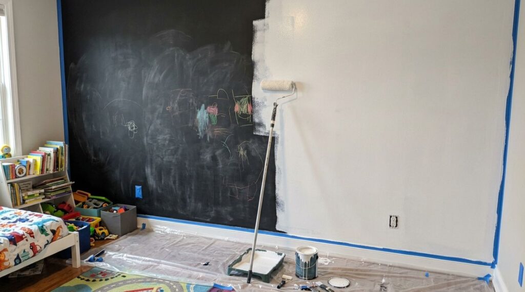 Mãe pinta uma parede do quarto com tinta lousa para os filhos desenharem e descobre o que acontece com a parede quando quiser pintar por cima