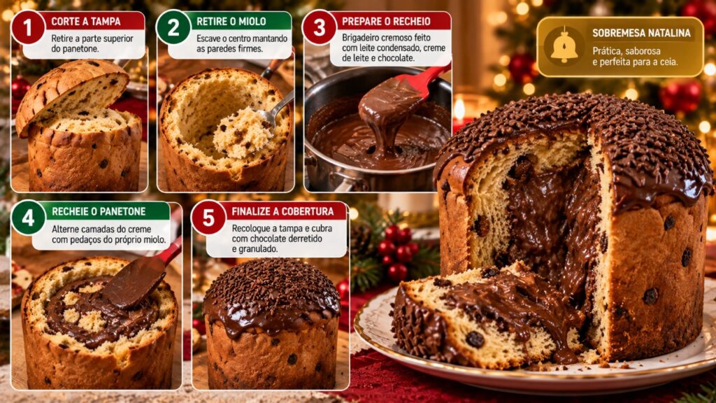 Sem comprar panetone recheado no mercado, nem gastar com ingredientes sofisticados: aprendi a transformar um panetone tradicional em uma sobremesa de Natal com chocolate e creme, perfeita para surpreender a família depois da ceia