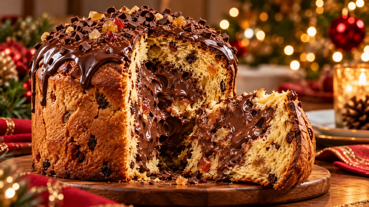 Sem comprar panetone recheado no mercado, nem gastar com ingredientes sofisticados: aprendi a transformar um panetone tradicional em uma sobremesa de Natal com chocolate e creme, perfeita para surpreender a família depois da ceia