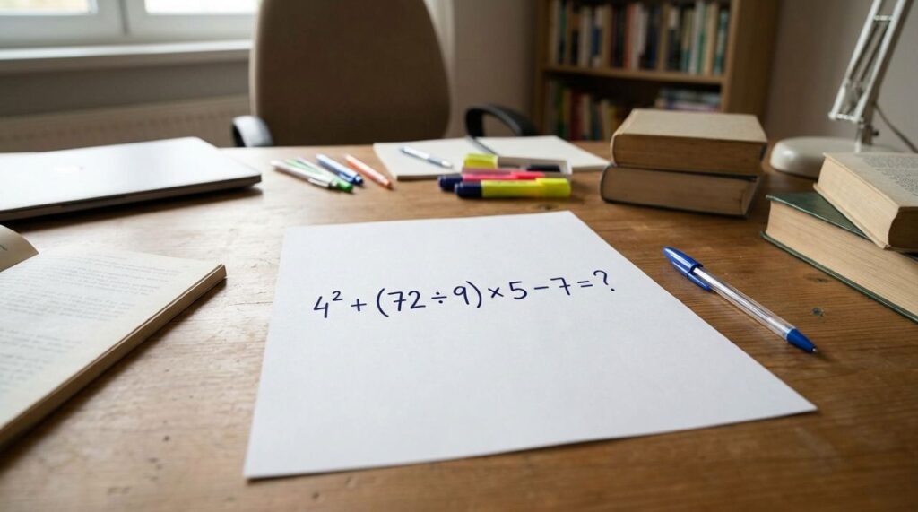 4² + (72 ÷ 9) × 5 − 7 desafia sua memória escolar: a conta só parece complicada para quem não sabe por onde começar