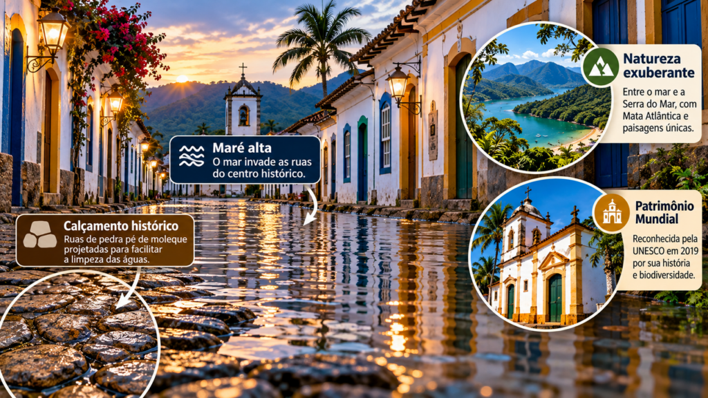A vila brasileira onde o mar invade as ruas de propósito para lavar o centro histórico, surpreende turistas com uma tradição curiosa e esconde um cenário colonial cercado por montanhas que parece existir fora do Brasil