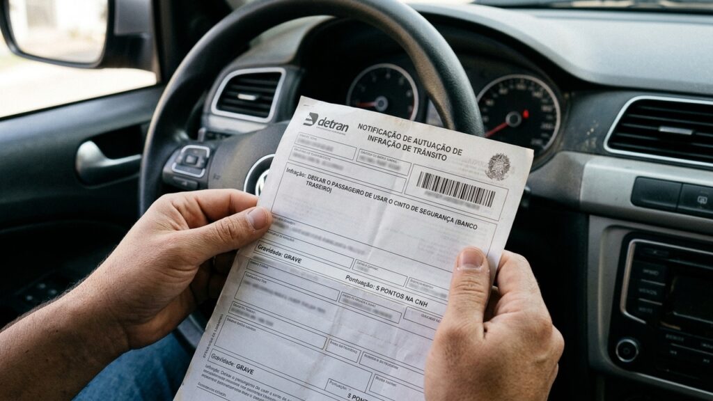 Passageiro viaja sem cinto no banco de trás de carro de aplicativo e motorista é multado em R$ 195 reais com perda de 5 pontos na CNH