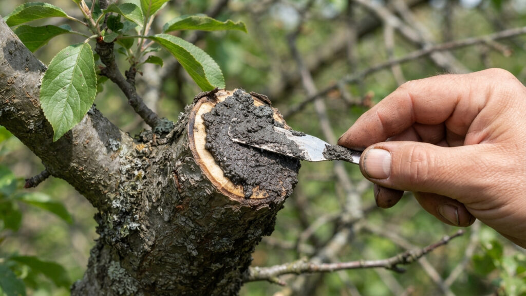 Aplicar pasta de cinza de lenha com óleo de neem nas podas: como vedar cortes e cicatrizes de galhos para impedir a entrada de brocas