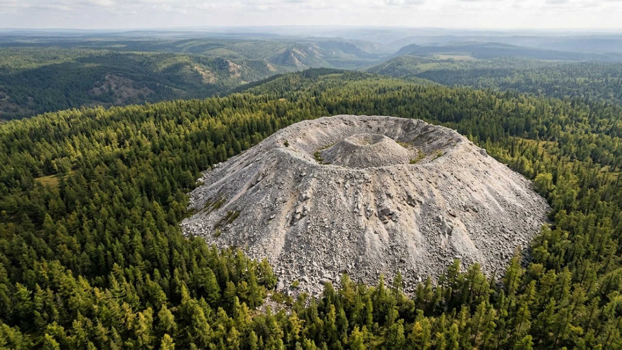 Estrutura de 40 metros, 160 metros de largura, feita com cerca de 1 milhão de toneladas de calcário, surge no meio da taiga e desafia cientistas há mais de 70 anos