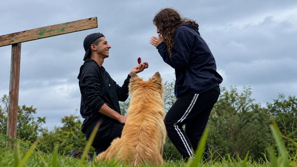 Cachorro desconhecido aparece de surpresa durante pedido de casamento, rouba a cena e acaba ganhando um convite especial dos noivos