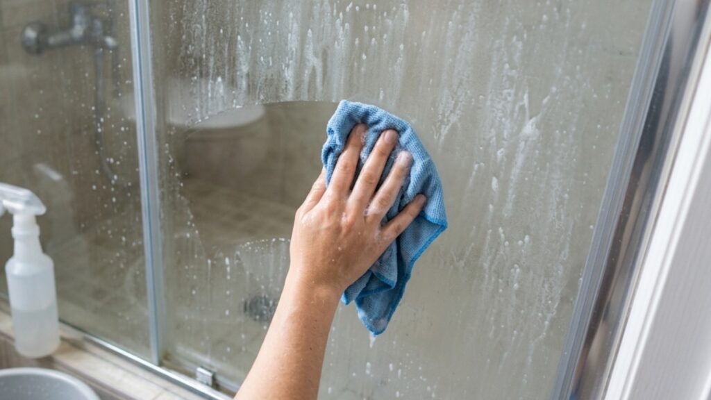 Faxineiras de hotel explicam: borrifar vinagre, água e bicarbonato no box do banheiro pode ajudar a soltar as marcas e deixar o vidro brilhando com menos esforço