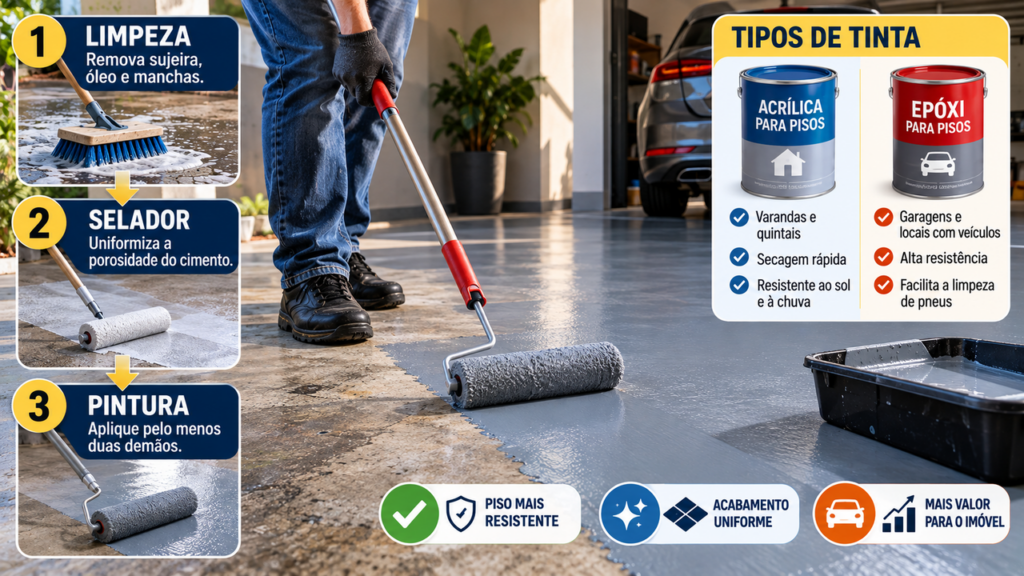 Como pintar o piso de cimento da garagem, do quintal ou da varanda e transformar um chão velho e manchado em uma superfície bonita, renovada e muito mais fácil de limpar sem precisar quebrar tudo