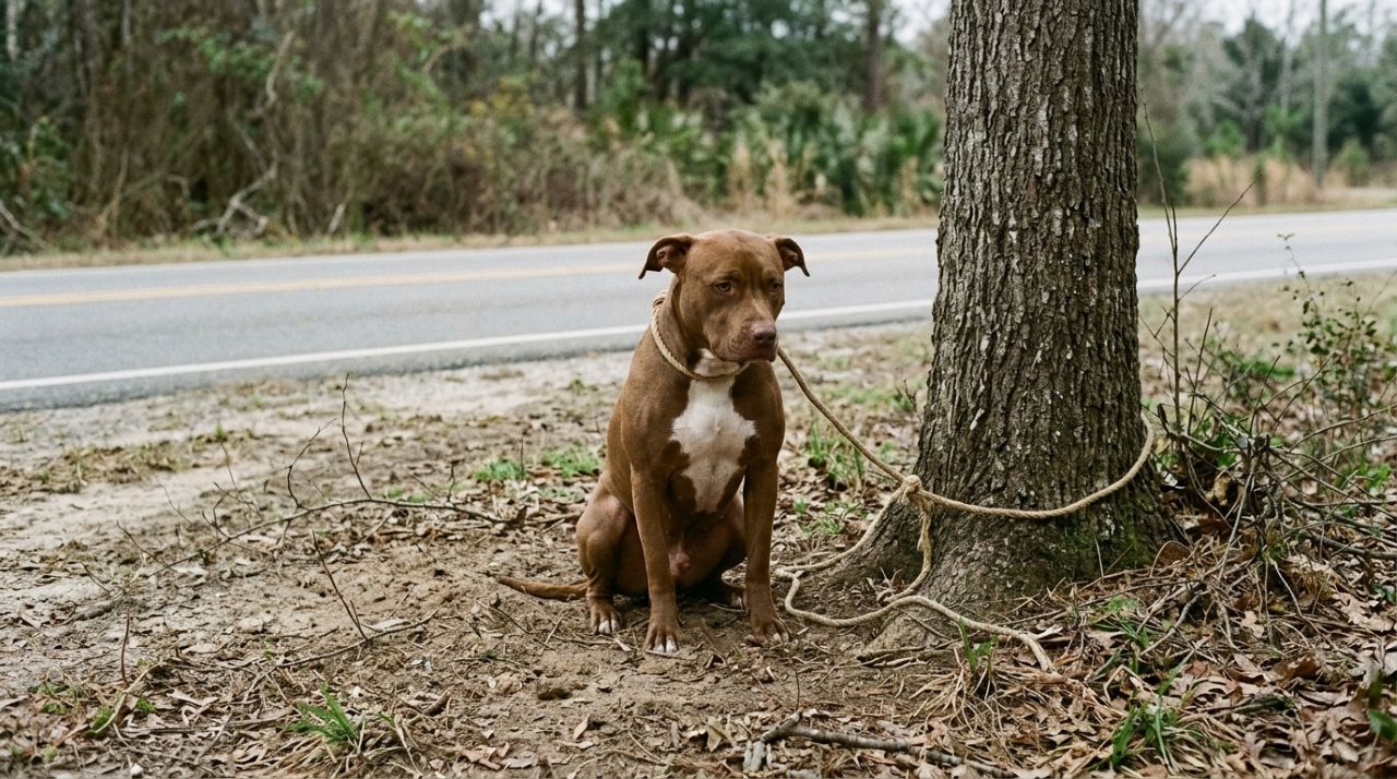 Pitbull adulto é encontrado amarrado a uma árvore ao lado de uma rodovia e, após ser resgatado, emociona ao descobrir pela primeira vez a alegria de brincar