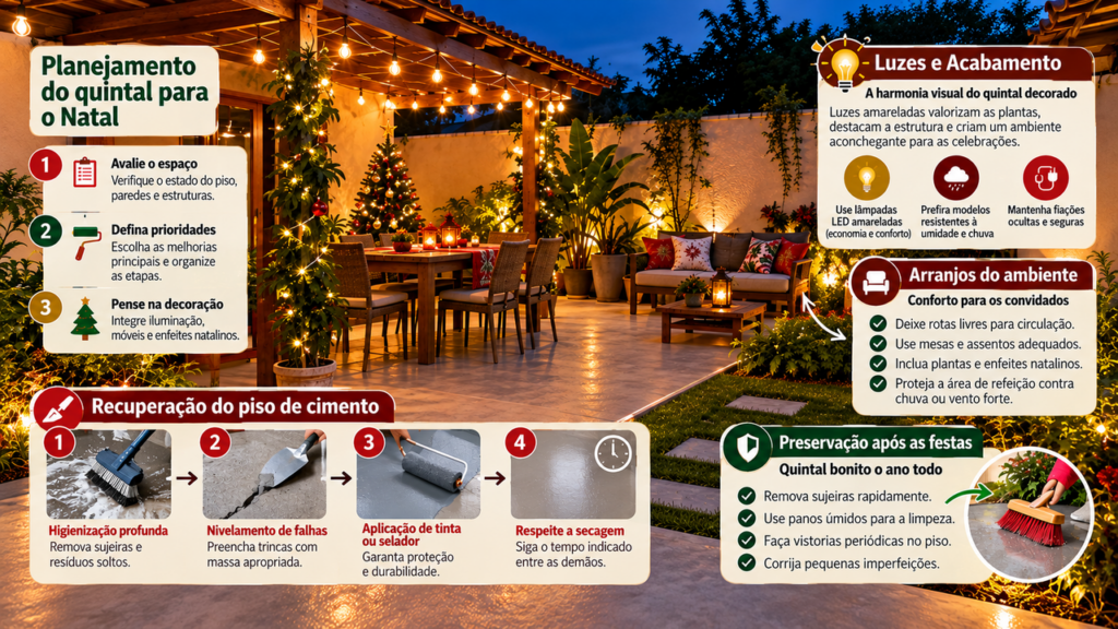 Reforma transforma um quintal simples em um espaço encantador para as festas de fim de ano, com piso renovado e luzes decorativas que mudam completamente a aparência da área externa