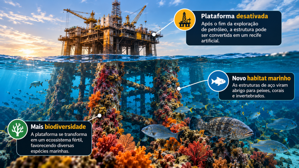 Em 2000, antigas plataformas de petróleo foram deixadas no mar após o fim das operações e, anos depois, algumas estruturas passaram a abrigar grandes concentrações de peixes e invertebrados
