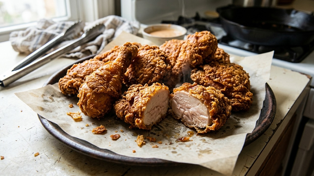 Chefs de cozinha afirmam: “Se você quer um frango frito crocante como o do KFC, experimente fritar em duas etapas, deixando os pedaços descansarem antes de voltar ao óleo”