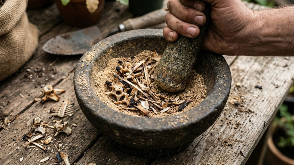 Misturar pó de osso de peixe assado na terra: o adubo orgânico de rápida absorção rico em cálcio e fósforo para turbinar pimentões