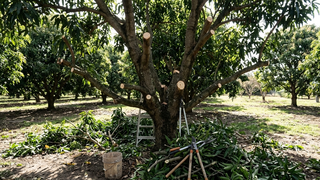 Morador poda a mangueira inteira em plena floração para controlar o tamanho e descobre por que a árvore passou o ano sem dar uma fruta