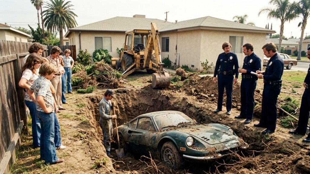 Crianças brincavam de cavar no jardim e acharam uma Ferrari Dino 246 GTS de 1974 enterrada no terreno, envolvida em plástico e preservada pela seca