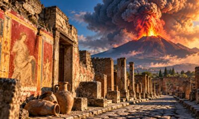 Uma cidade romana ficou soterrada pela erupção do Vesúvio no ano 79, e as escavações em Pompeia revelaram casas, lojas e marcas impressionantes da vida cotidiana