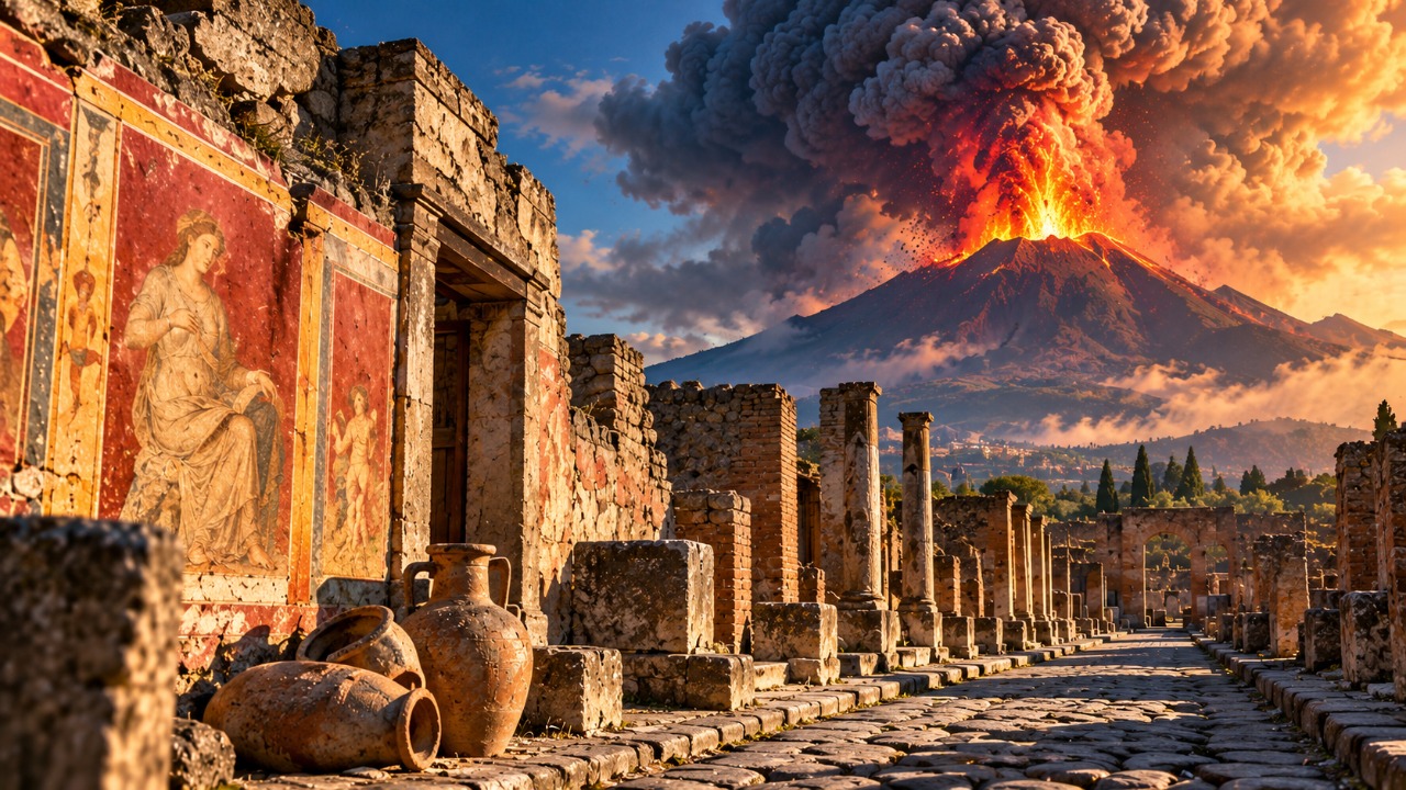 Uma cidade romana ficou soterrada pela erupção do Vesúvio no ano 79, e as escavações em Pompeia revelaram casas, lojas e marcas impressionantes da vida cotidiana