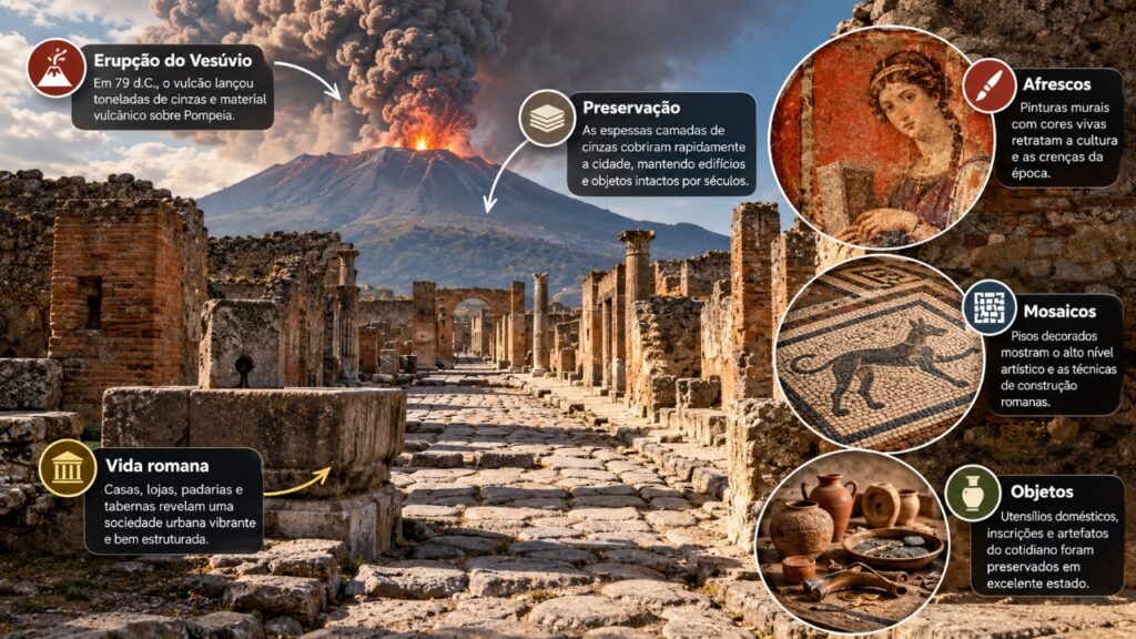 Uma cidade romana ficou soterrada pela erupção do Vesúvio no ano 79, e as escavações em Pompeia revelaram casas, lojas e marcas impressionantes da vida cotidiana