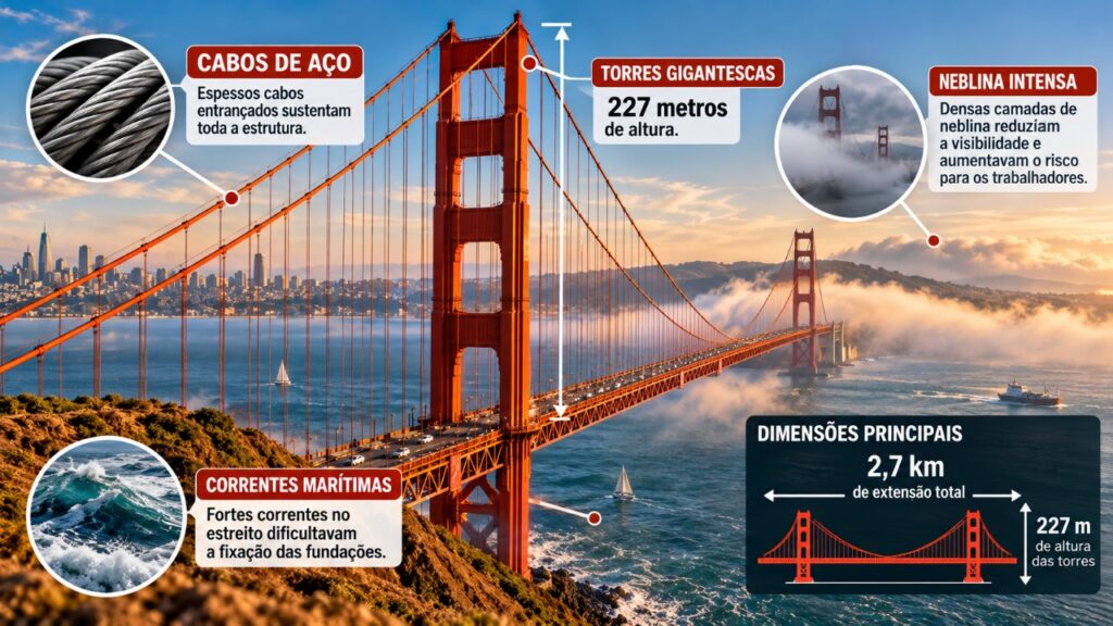 Construída no século XX, a Ponte Golden Gate atravessou desafios de engenharia e condições climáticas difíceis durante sua construção, transformou a ligação entre São Francisco e o condado de Marin e continua como uma das pontes suspensas mais famosas do mundo, com torres monumentais e cabos de aço projetados para sustentar uma estrutura exposta a ventos e neblina