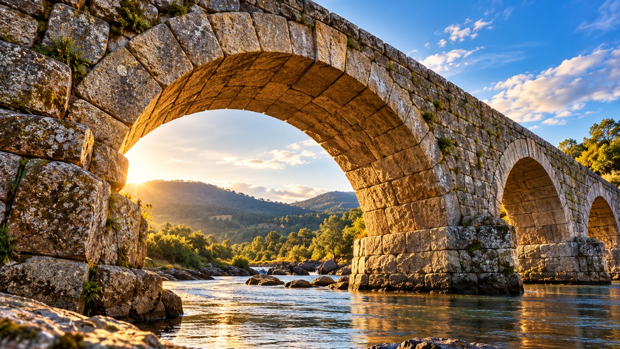 A ponte construída com peças que se encaixam sem depender de argamassa em todas as suas juntas e como o formato dos blocos ajuda a manter a estrutura montada