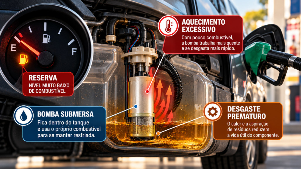 Dirigir com o tanque quase vazio repetidamente pode aumentar o risco de pane por falta de combustível, prejudicar a rotina do motorista e trazer problemas adicionais dependendo das condições do sistema de alimentação