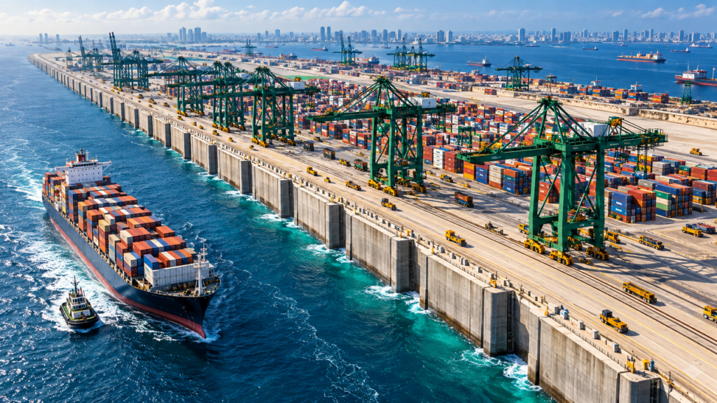227 blocos de concreto gigantes estão sendo colocados no mar para construir um muro de 9,1 km em Singapura, que vai sustentar o maior porto automatizado do mundo