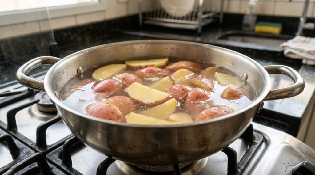 Chefs de cozinha afirmam: para a batata rústica ficar crocante por fora e macia por dentro, não coloque os pedaços diretamente no forno, mas faça um pré-cozimento começando com água fria