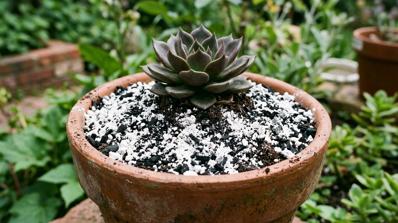 Mistura de terra de diatomáceas com pó de carvão: o truque simples no topo do vaso que cria uma barreira física dupla contra pragas rastejantes