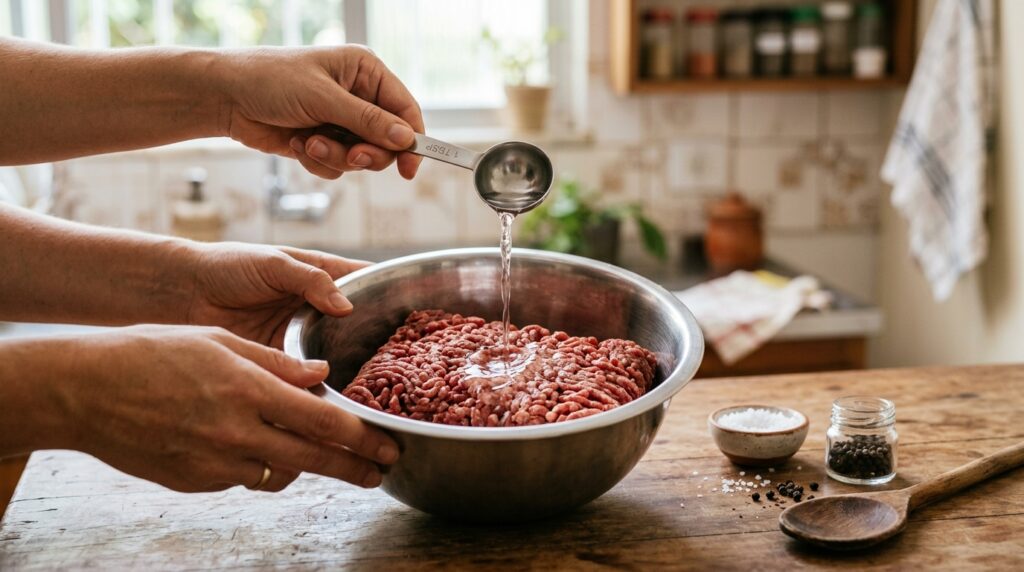 Chefs de cozinha afirmam: para o hambúrguer caseiro não ressecar na frigideira, não use apenas sal, mas misture 1 colher de sopa de água gelada a cada 500 g de carne