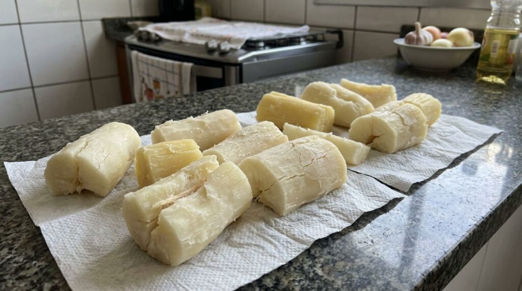 Chefs de cozinha afirmam: para a mandioca ficar crocante por fora e macia por dentro, não coloque os pedaços diretamente no óleo quente, mas cozinhe até ficarem macios antes de fritar