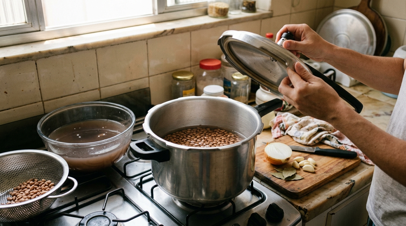 Cozinheiros experientes afirmam: para o feijão cozinhar por igual na pressão, não coloque direto na panela, mas deixe de molho por pelo menos 8 horas e cozinhe cerca de 25 minutos depois que pegar pressão