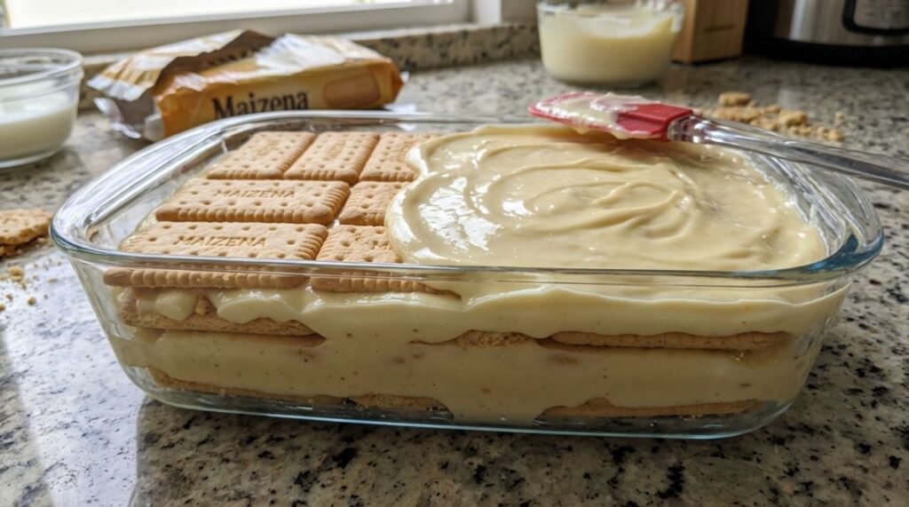 Nem forno, nem banho-maria: a sobremesa de bolacha maisena com creme de baunilha que ficapronta com uma montagem simples na travessa