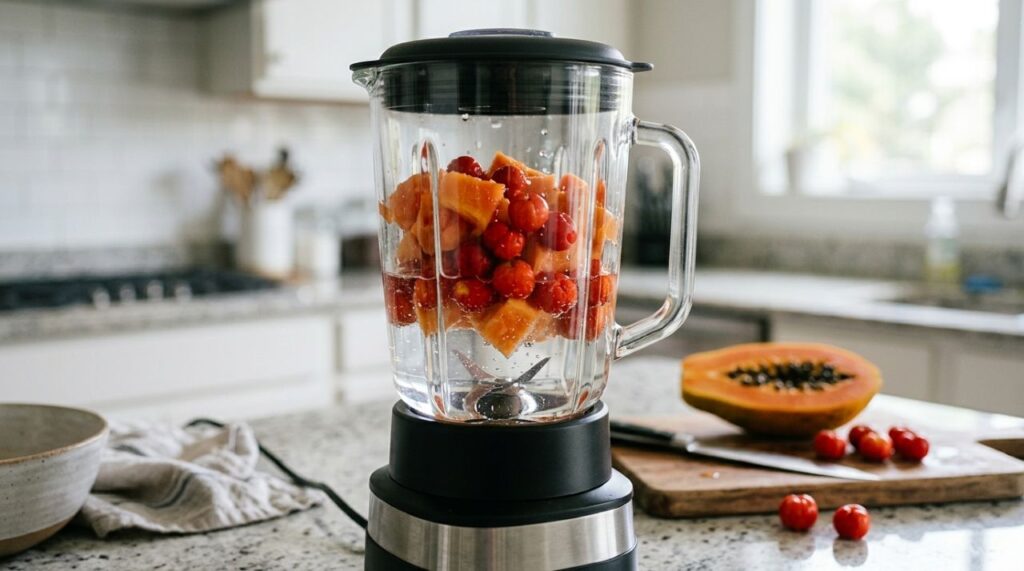 Acerola e mamão no liquidificador: para que serve essa mistura e por que ela pode ajudar a aumentar o consumo de vitamina C e fibras no café da manhã