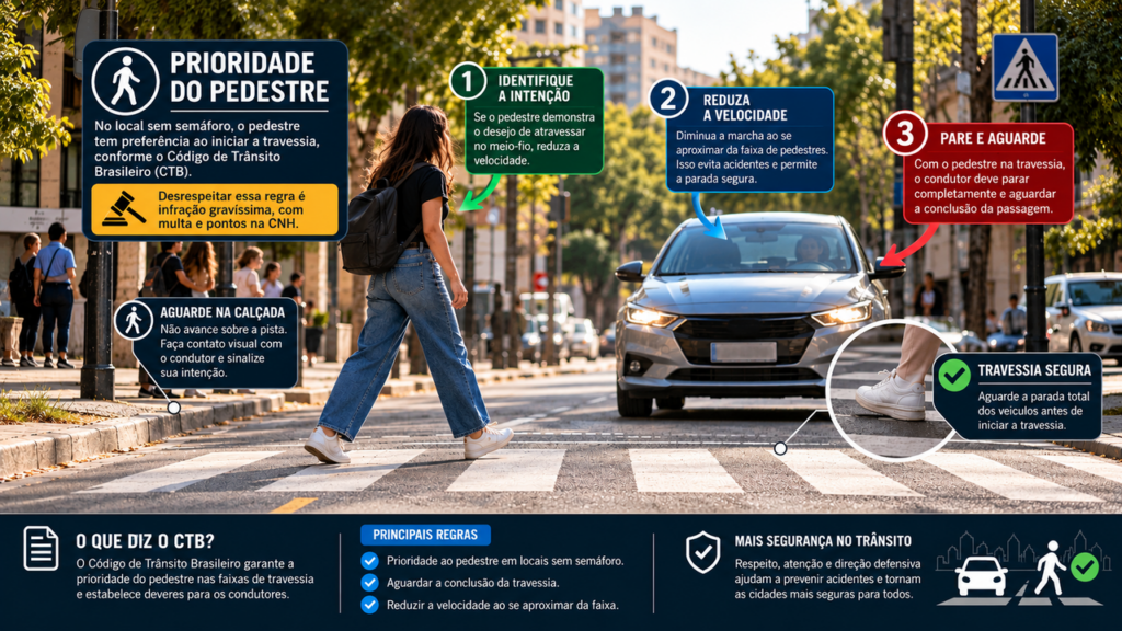 Pedestre parado na faixa de travessia sem pisar na rua: o motorista precisa parar mesmo assim ou pode seguir viagem sem correr o risco de cometer uma infração?