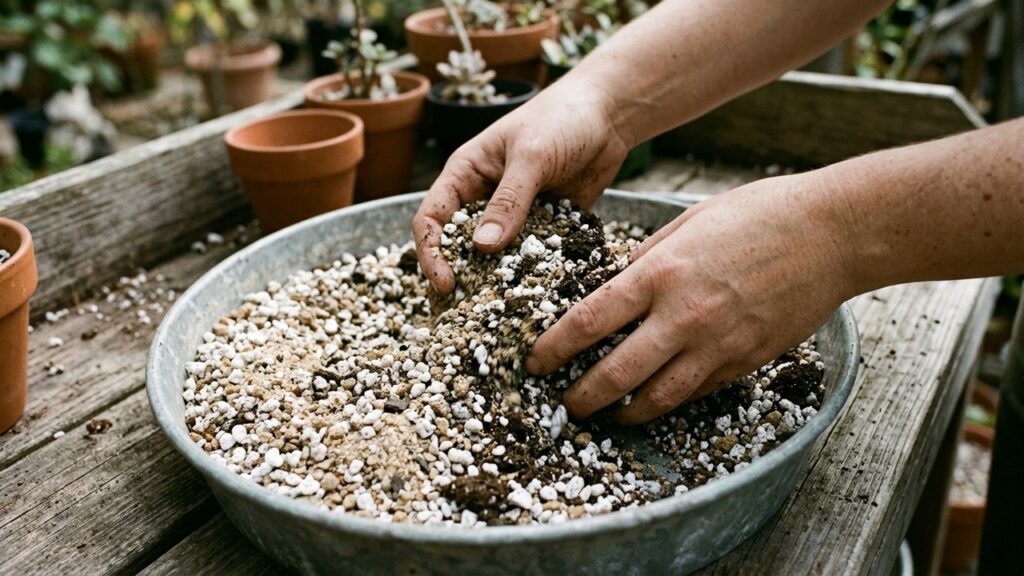 A proporção ideal de drenagem no substrato que jardineiros usam para blindar as raízes de suculentas contra o apodrecimento por rega
