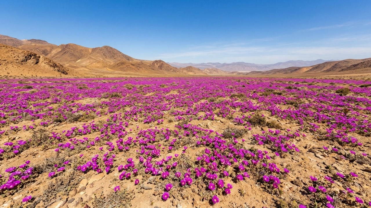 O deserto mais seco do mundo se transformou em um imenso jardim com mais de 200 espécies de flores após chuvas raras que fizeram sementes adormecidas por décadas voltarem à vida