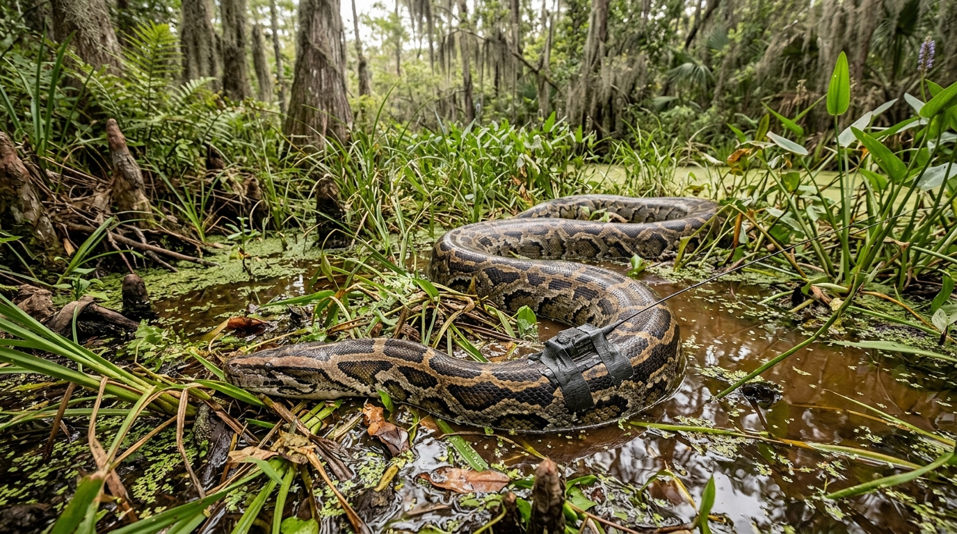 Uma píton gigante de 4,8 metros foi solta na natureza com com um dispositivo de rastreamento, cientistas esperam que seus movimentos revelem esconderijos de outras pítons que ameaçam a fauna local