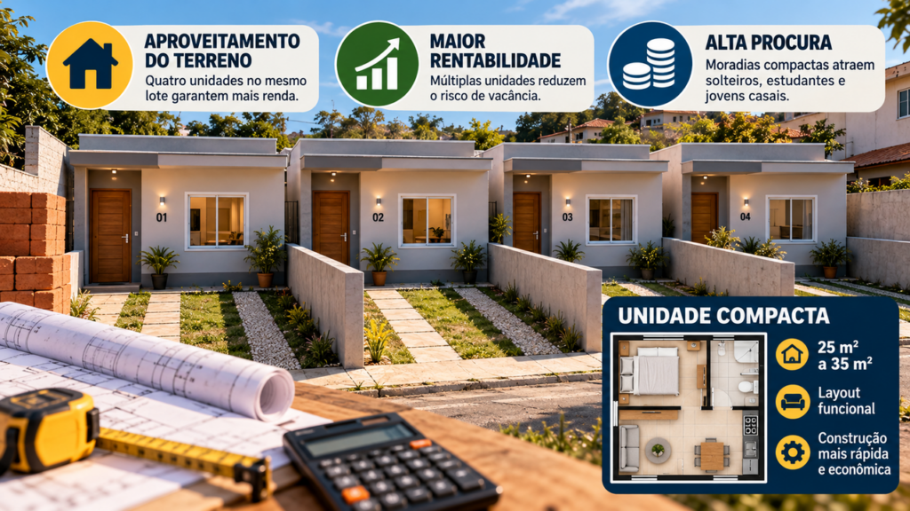 Quanto custa construir 4 casas pequenas para alugar no mesmo terreno e como o valor da obra, o preço dos materiais e a procura por imóveis influenciam a renda mensal