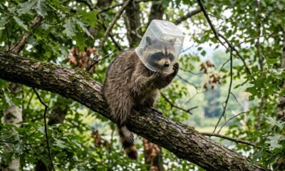 Animal fica desesperado com pote de manteiga de amendoim preso na cabeça, e equipes de resgate sobem em árvore para salvá-lo a tempo