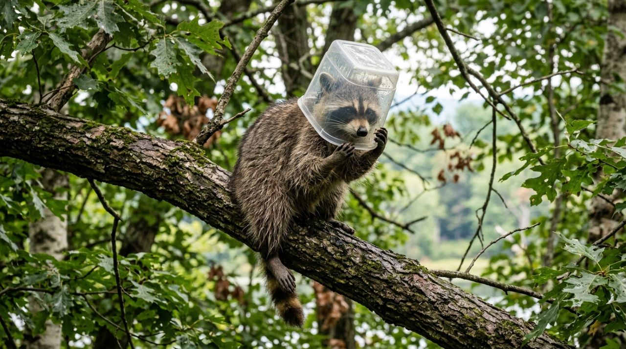 Animal fica desesperado com pote de manteiga de amendoim preso na cabeça, e equipes de resgate sobem em árvore para salvá-lo a tempo