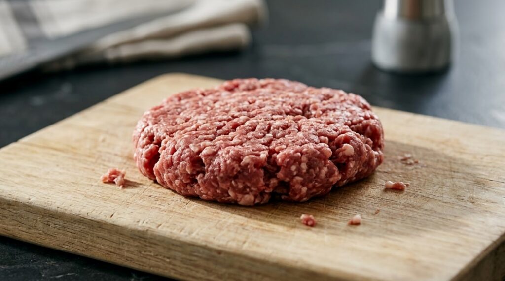 Disco de hambúrguer bovino cru sobre tábua de madeira, mostrando carne moída vermelha com pequenos fragmentos de gordura distribuídos pela mistura. - Imagem ilustrativa criada por inteligência artificial