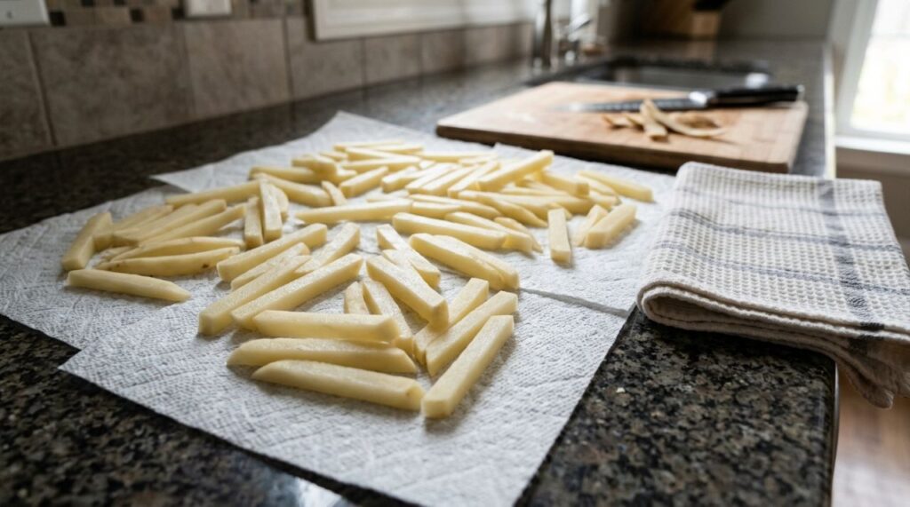 Chefs de cozinha afirmam: para a batata frita ficar sequinha e crocante, não coloque os palitos molhados no óleo quente, mas retire toda a umidade antes de começar a fritura