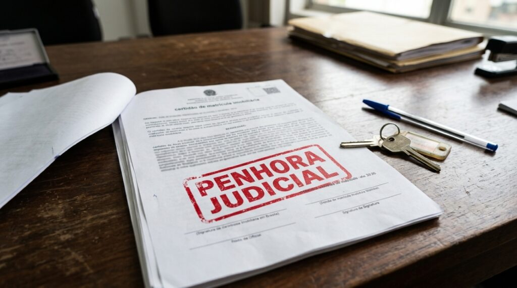 Certidão de matrícula imobiliária com carimbo vermelho de penhora judicial sobre uma mesa, acompanhada de uma chave de apartamento. - Imagem ilustrativa criada por inteligência artificial