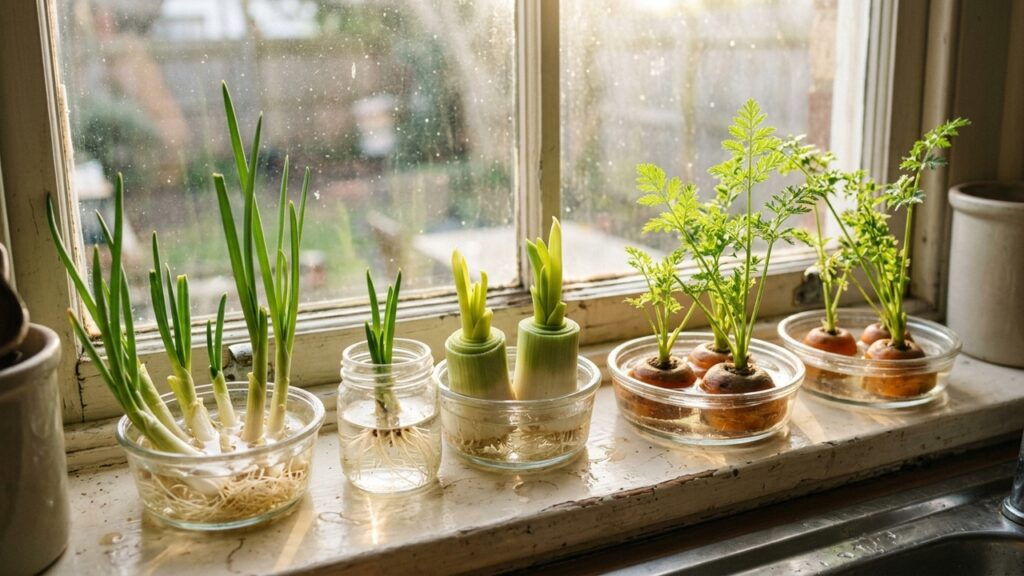Não jogue fora as bases dos vegetais: o truque simples de água para fazer talos de temperos e hortaliças brotarem de novo na janela