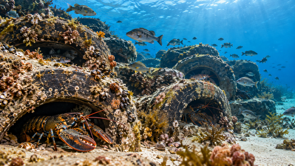 Em 1978, pneus cheios de concreto foram jogados no fundo do mar e, quatro décadas depois, mergulhadores encontraram ali um recife cheio de peixes e lagostas