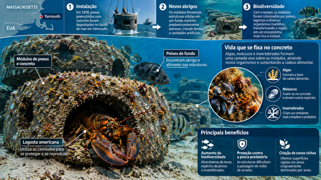 Em 1978, pneus cheios de concreto foram jogados no fundo do mar e, quatro décadas depois, mergulhadores encontraram ali um recife cheio de peixes e lagostas