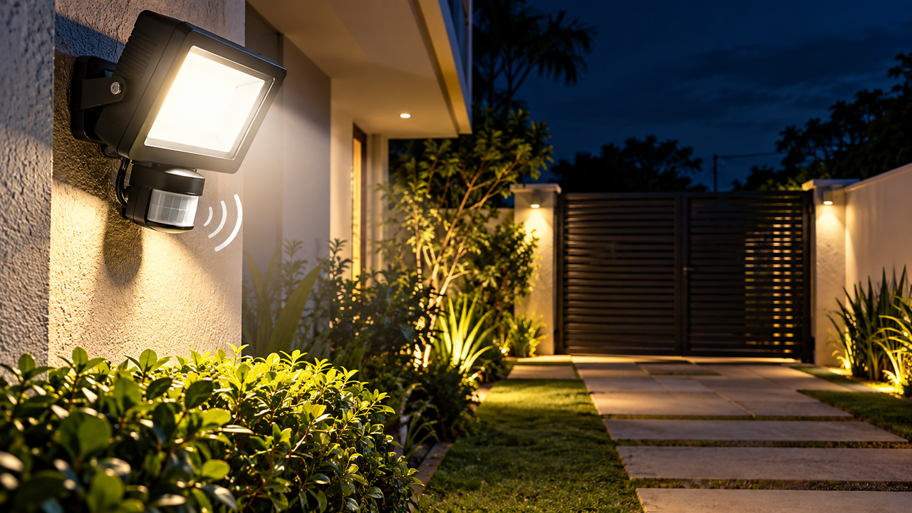 Morador coloca refletor com sensor no quintal para iluminar a entrada e descobre como posicionar o equipamento para cobrir uma área maior