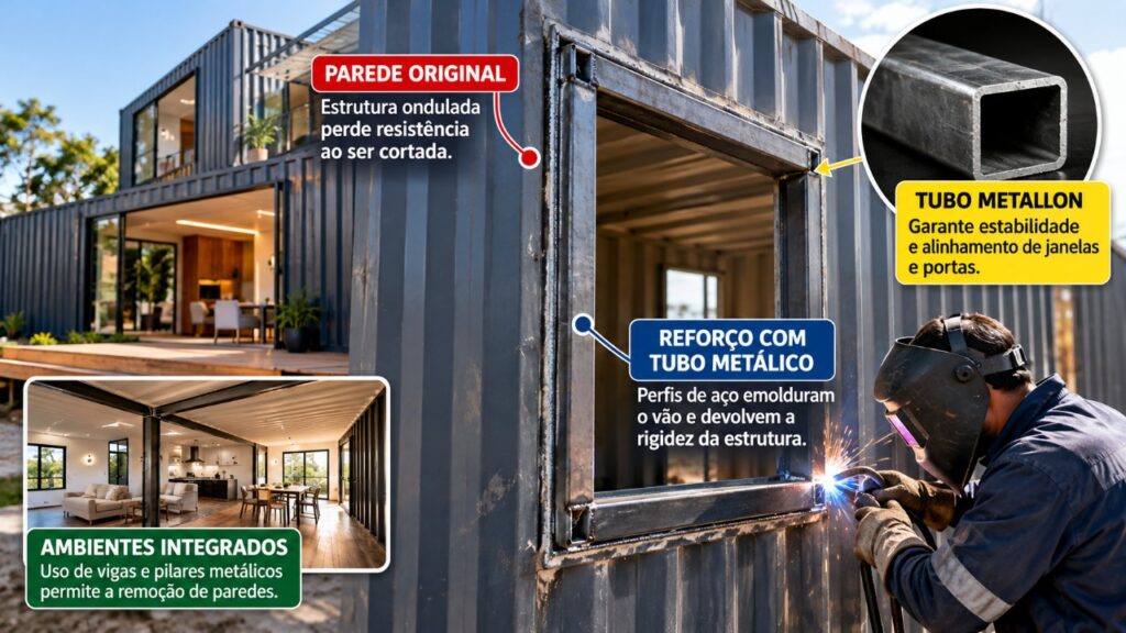 Casas construídas com contêineres marítimos reaproveitados parecem simples de montar, mas cortes nas paredes podem comprometer a estrutura se não houver reforço adequado 