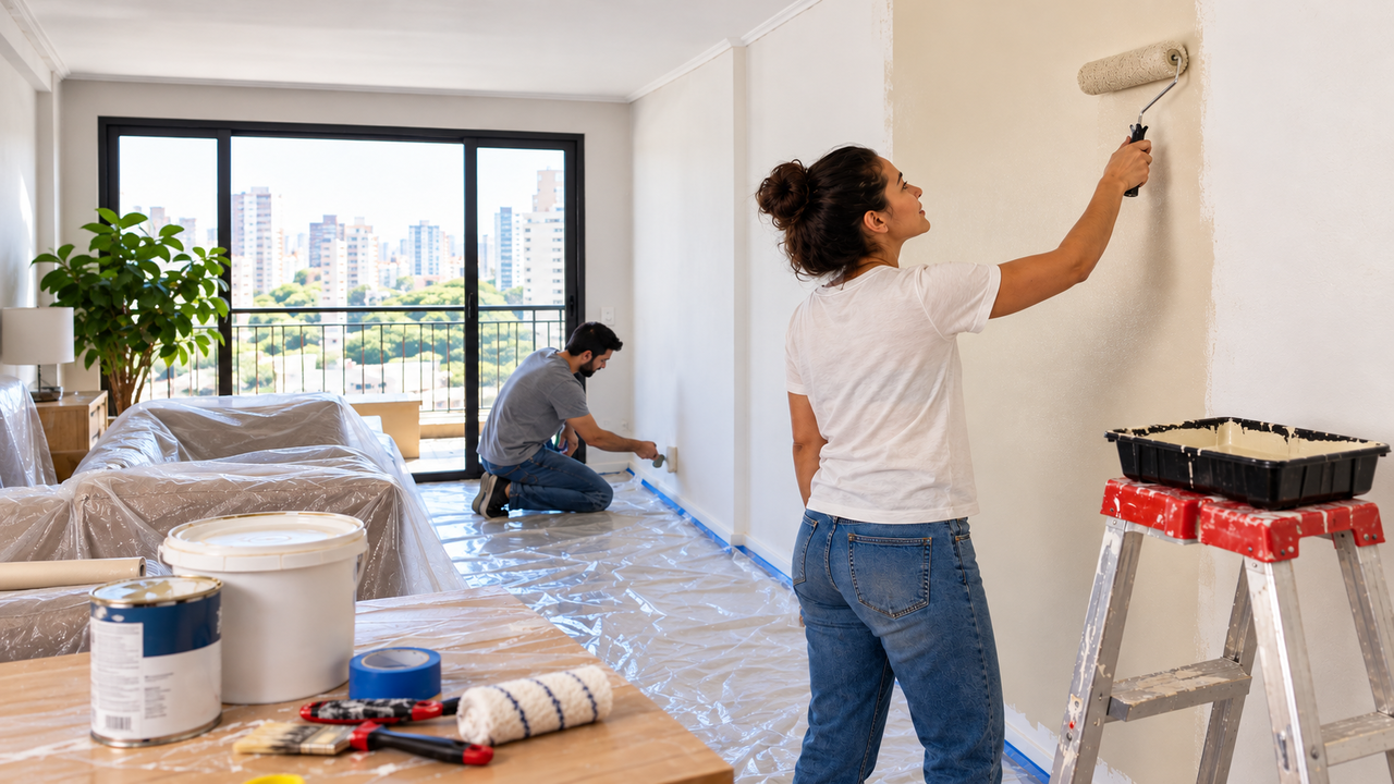 Casal usa o 13º para pintar a casa inteira e um pintor explica quantas latas de tinta são necessárias para um apartamento de 60 m²